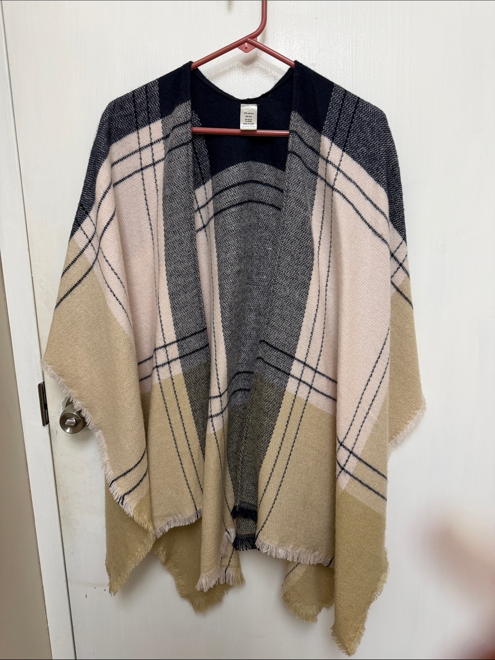 Plaid Open-Front Shawl Sweater in Beige, Pink & Gray